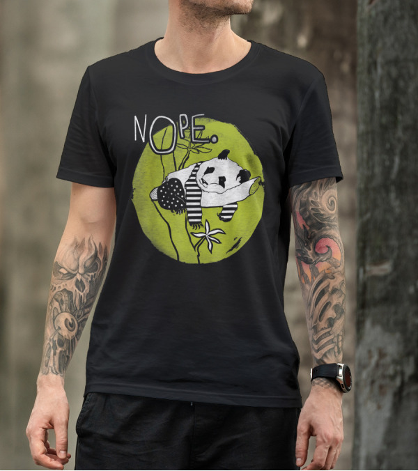 Nope Lazy Tired Panda Bear Cute Pet On Green Background T-Shirt