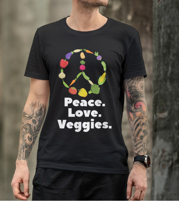 Peace Love Veggies Vegetarian Vegan Healthy Lifestyle Iconic Symbols T-Shirt