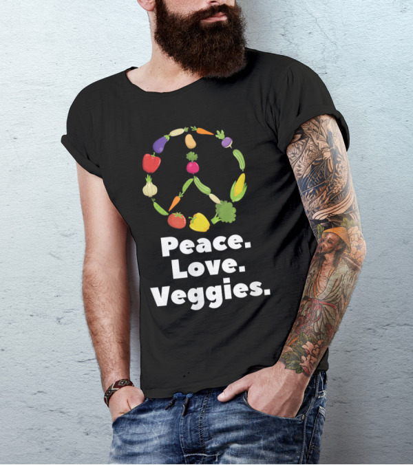 Peace Love Veggies Vegetarian Vegan Healthy Lifestyle Iconic Symbols T-Shirt
