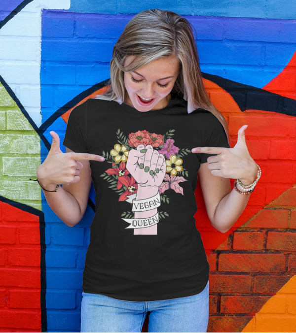 Plant Fueled Vegan Queen Animal Lover Vegan Feminist Fist Flowers T-Shirt