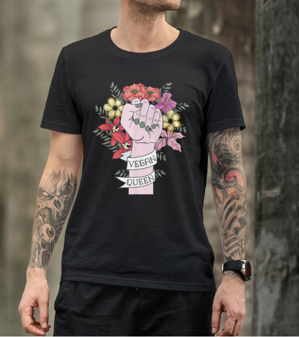 Plant Fueled Vegan Queen Animal Lover Vegan Feminist Fist Flowers T-Shirt