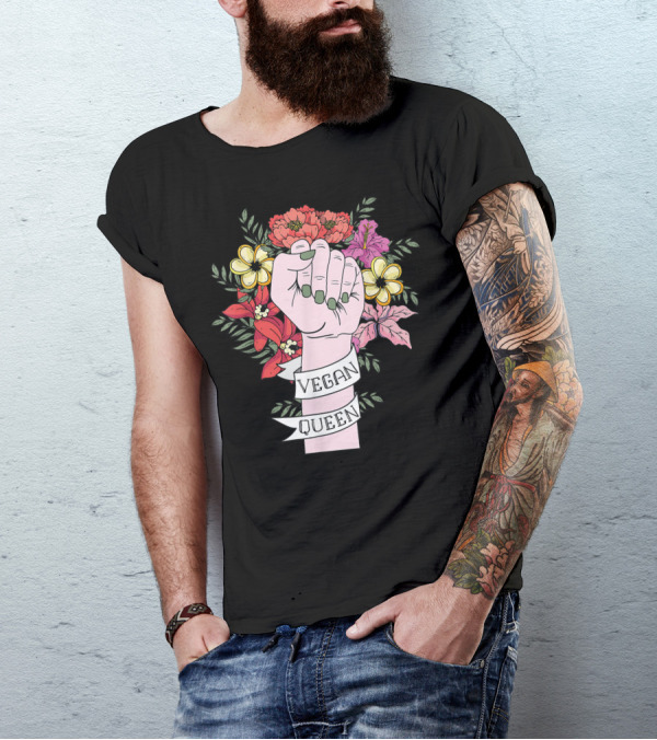 Plant Fueled Vegan Queen Animal Lover Vegan Feminist Fist Flowers T-Shirt