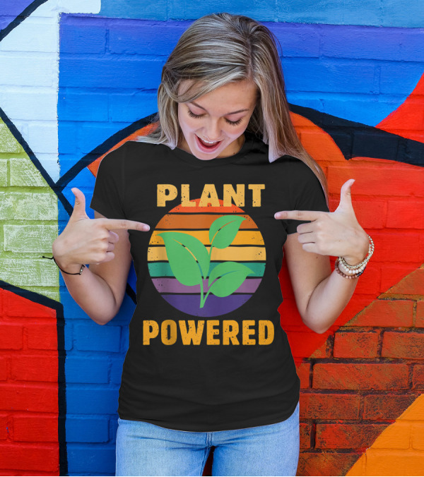 PLANT POWERED Vegan Vegetarian Workout Rainbow Stripes Leaf T-Shirt