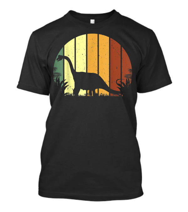Retro Brontosaurus Dinosaur Silhouette Vegetarian Sunset Stripes T-Shirt