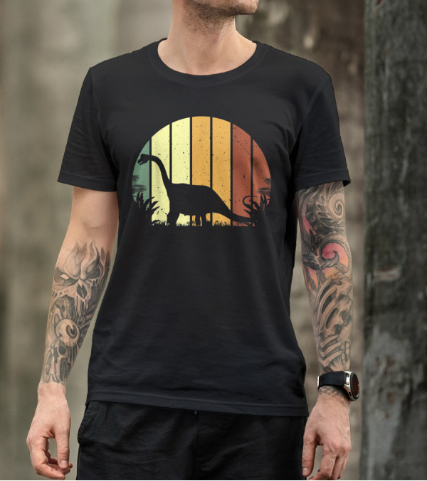 Retro Brontosaurus Dinosaur Silhouette Vegetarian Sunset Stripes T-Shirt
