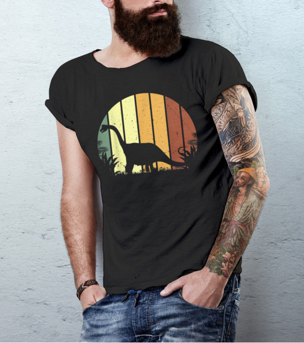 Retro Brontosaurus Dinosaur Silhouette Vegetarian Sunset Stripes T-Shirt