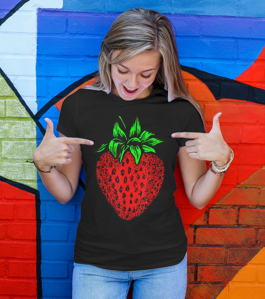 Strawberry Illustration With Green Leaves T-Shirt