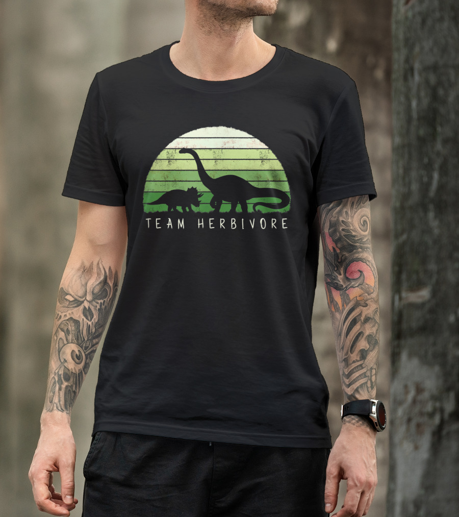 Team Herbivore Dinosaur Dino Vegetarian Vegan Silhouette In Green Stripes T-Shirt