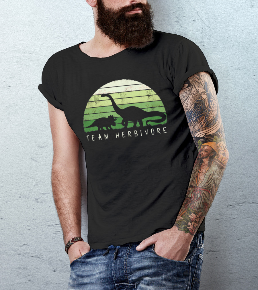 Team Herbivore Dinosaur Dino Vegetarian Vegan Silhouette In Green Stripes T-Shirt