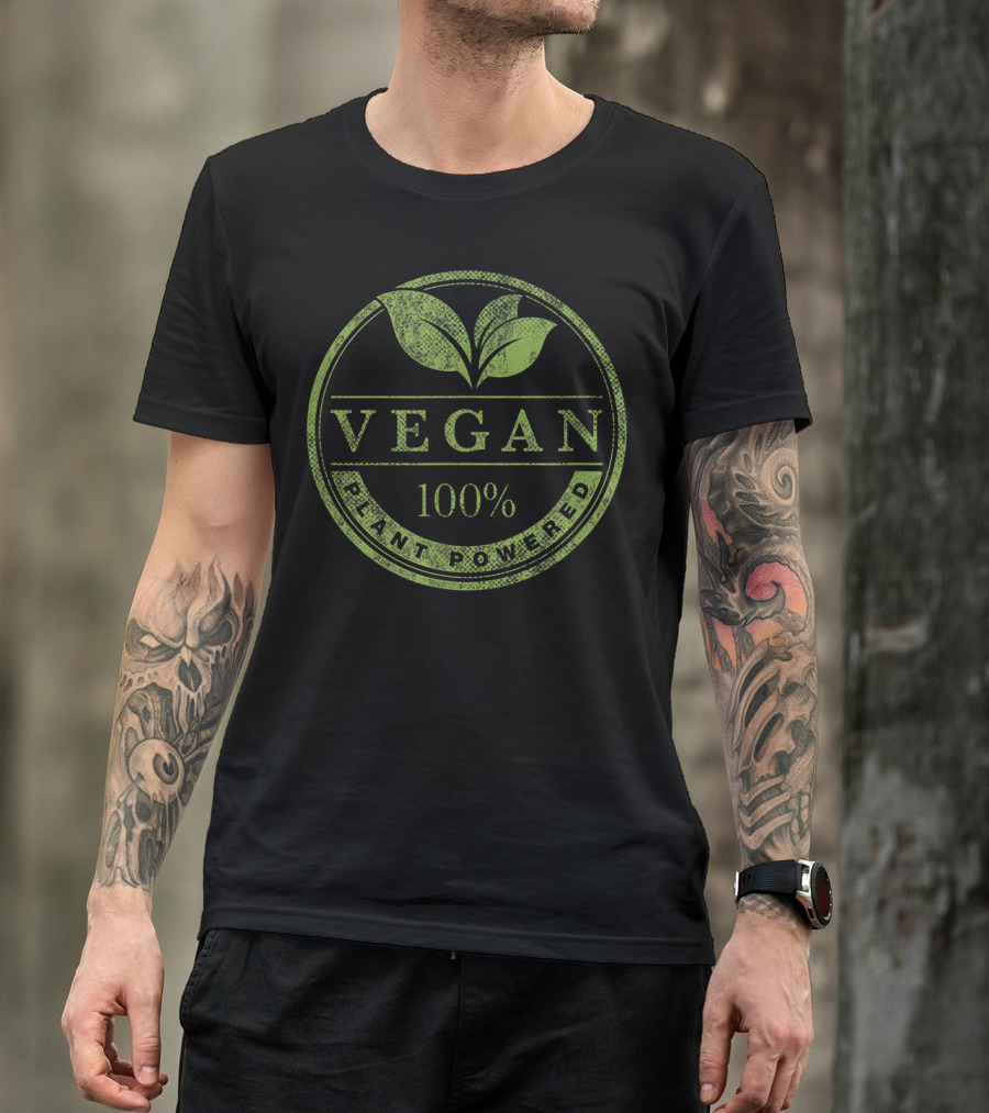 Vegan 100% Plant Powered Rubber Stamp Style Leaf Emblem T-Shirt