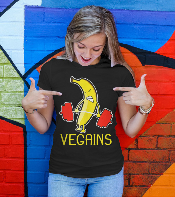 Vegains Banana Vegan Athlete Lifting Weights T-Shirt