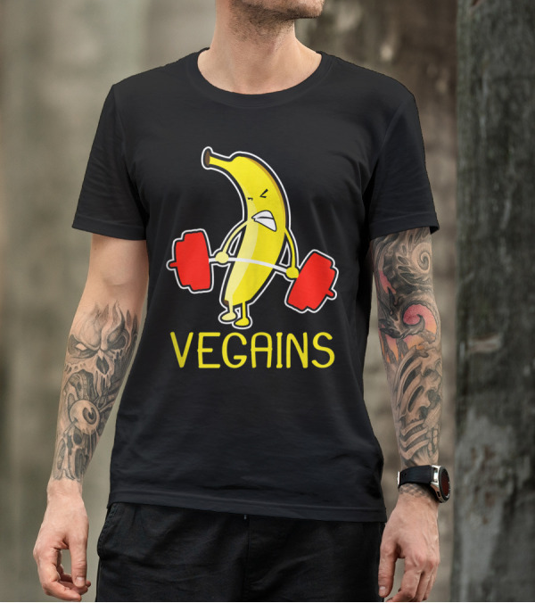 Vegains Banana Vegan Athlete Lifting Weights T-Shirt