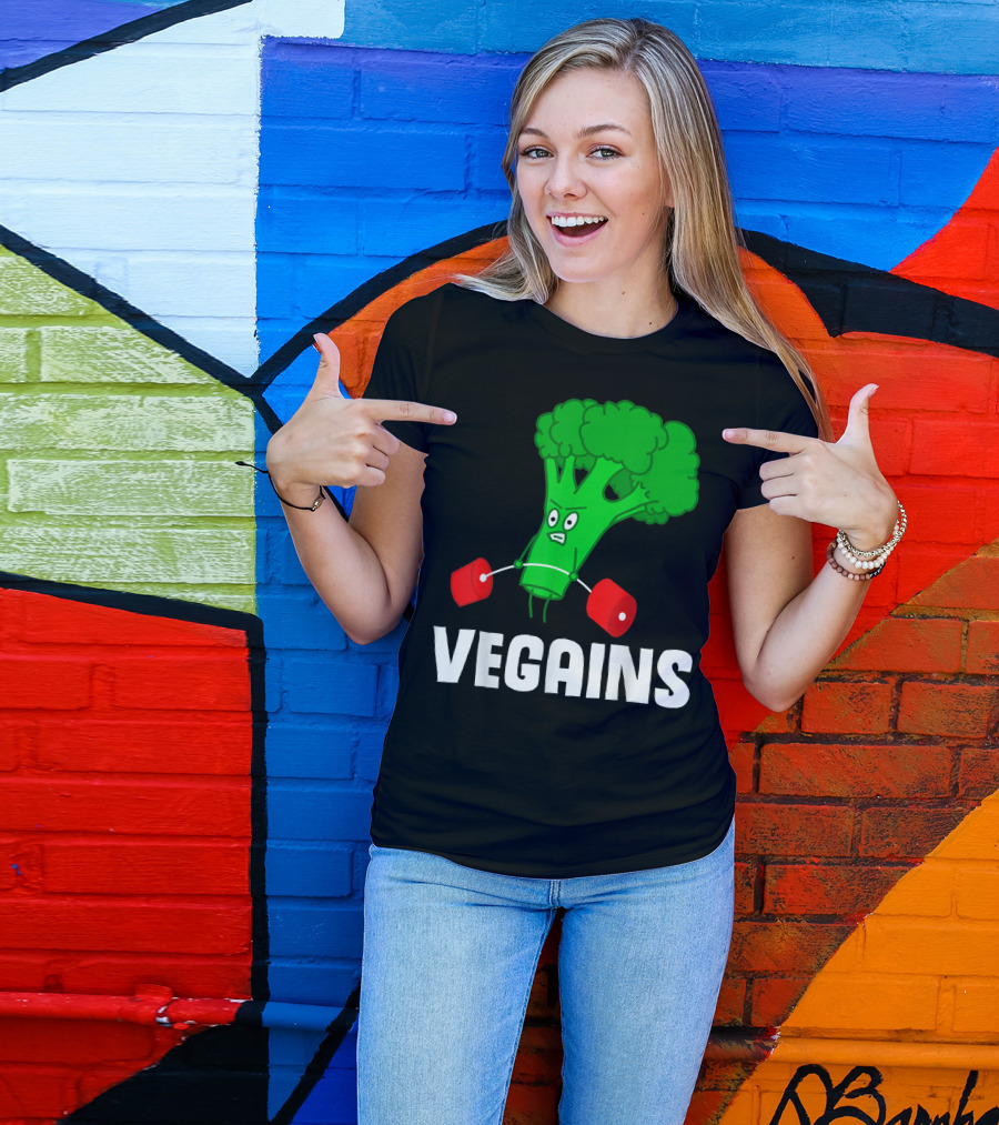 Vegains Broccoli Weightlifting For Vegan Athlete Plant Powered Workout T-Shirt
