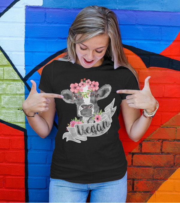 Vegan Cow With Pink Flower Headband And Banner T-Shirt