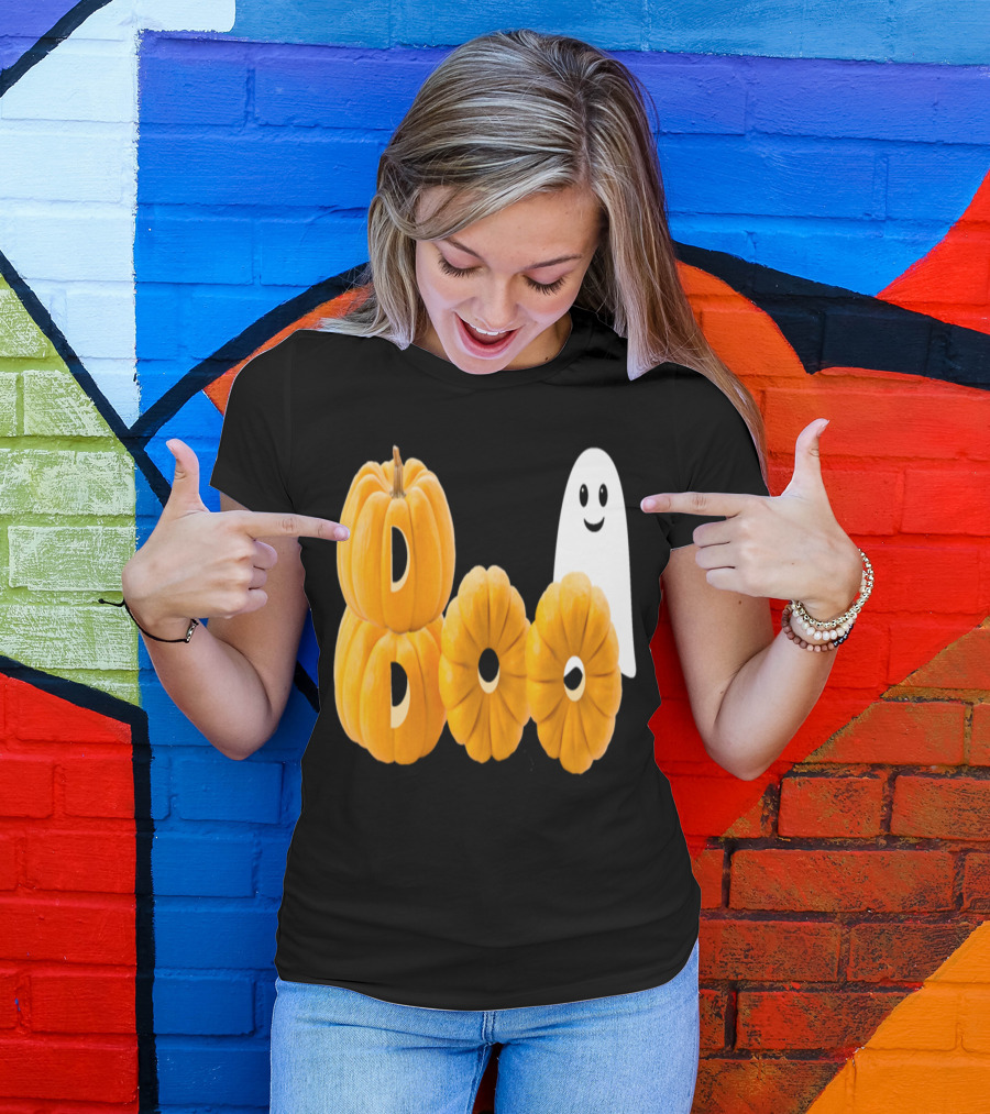 Funny Boo Pumpkins Ghost Stacked Smiling Halloween T-Shirt