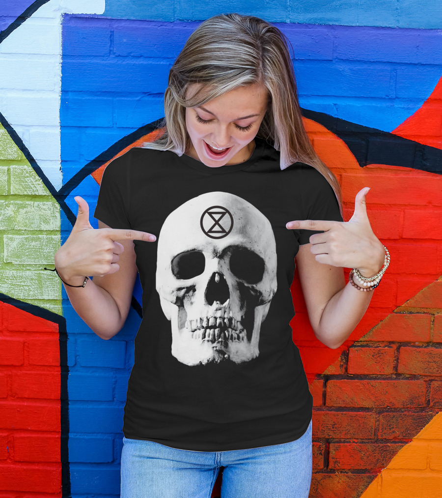 Extinction Rebellion Skull With Hourglass Symbol In Deadly Warning T-Shirt