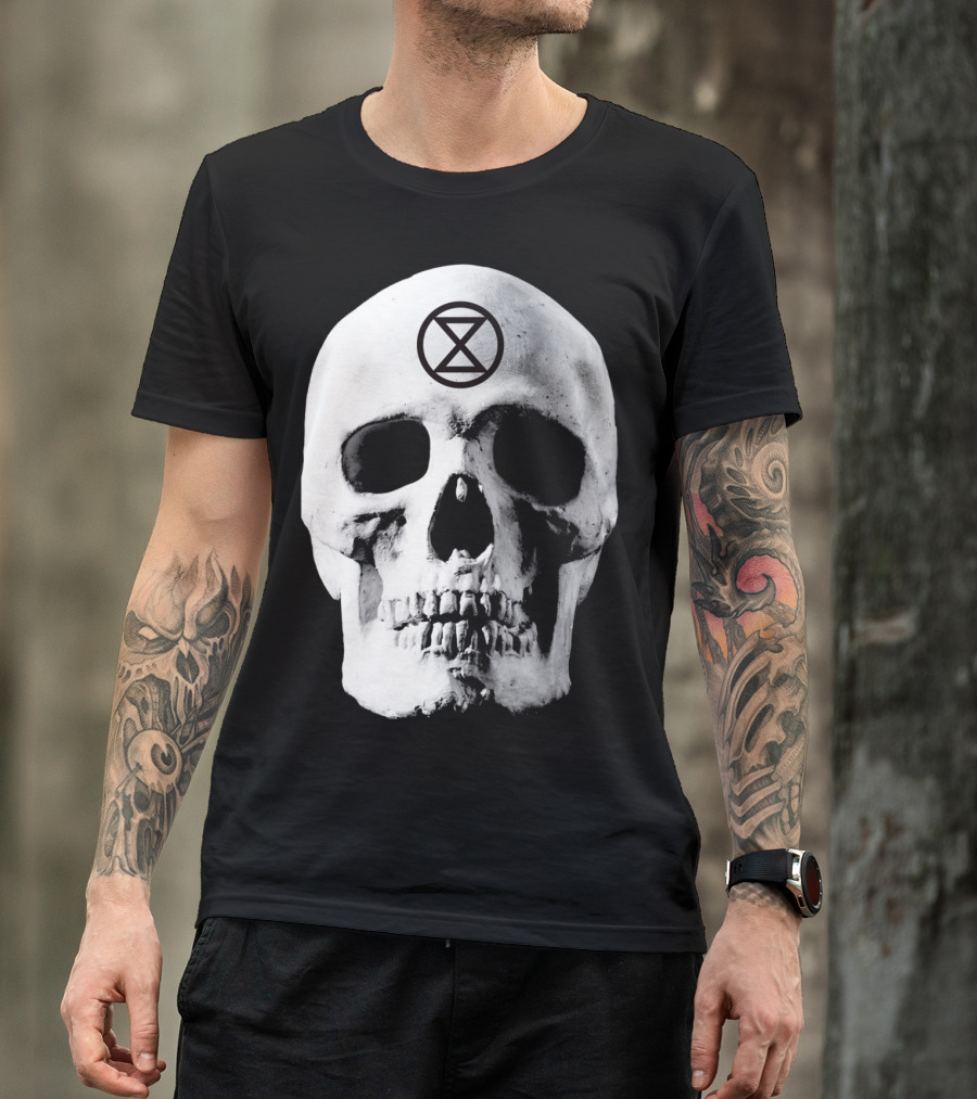 Extinction Rebellion Skull With Hourglass Symbol In Deadly Warning T-Shirt