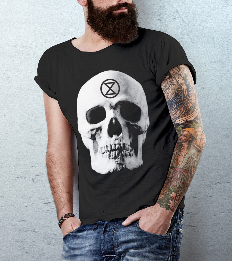 Extinction Rebellion Skull With Hourglass Symbol In Deadly Warning T-Shirt