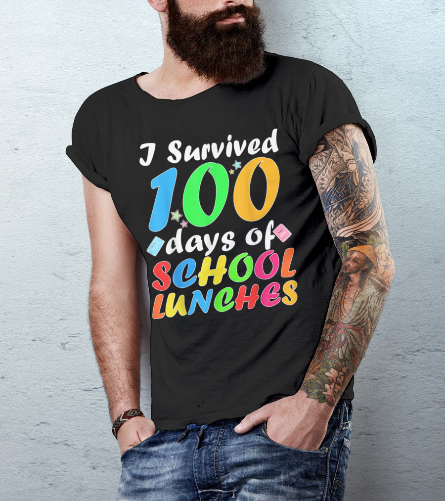 I Survived 100 Days Of School Lunches Colorful Stars And Playful Faces T-Shirt