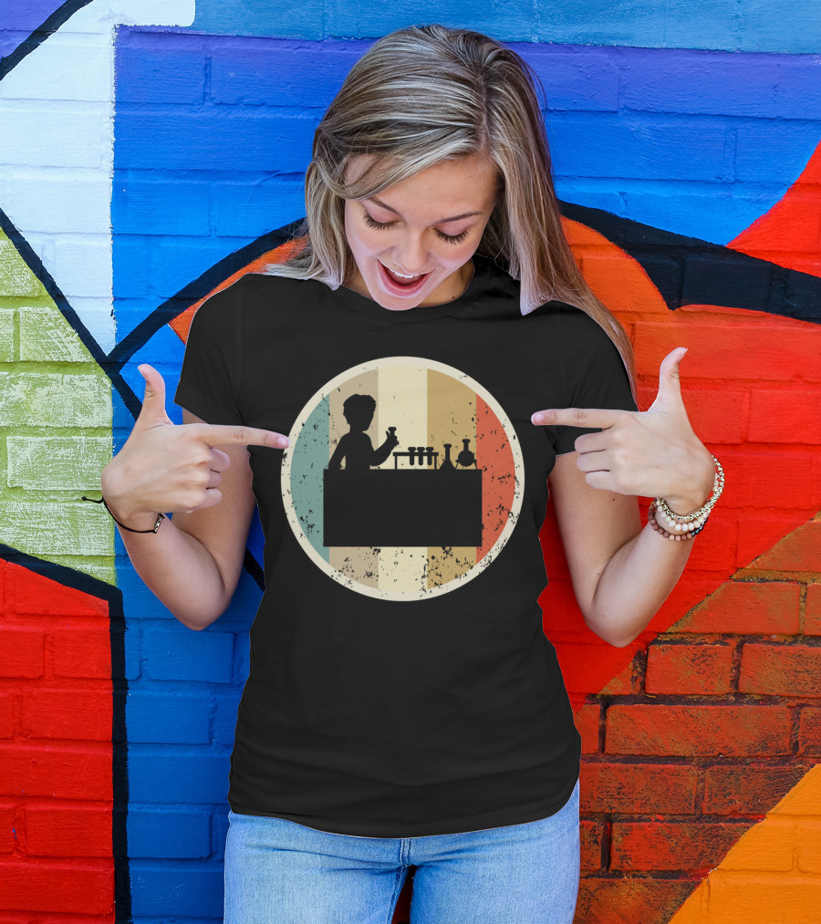 Silhouette Of Laboratory Chemist Technician Science With Retro Stripes T-Shirt