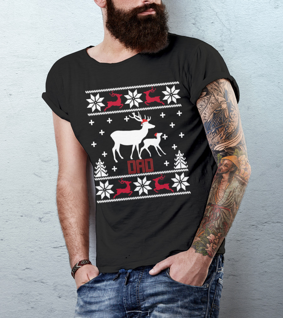 Matching Family Dad Reindeer Santa Hat Snowflakes Christmas T-Shirt