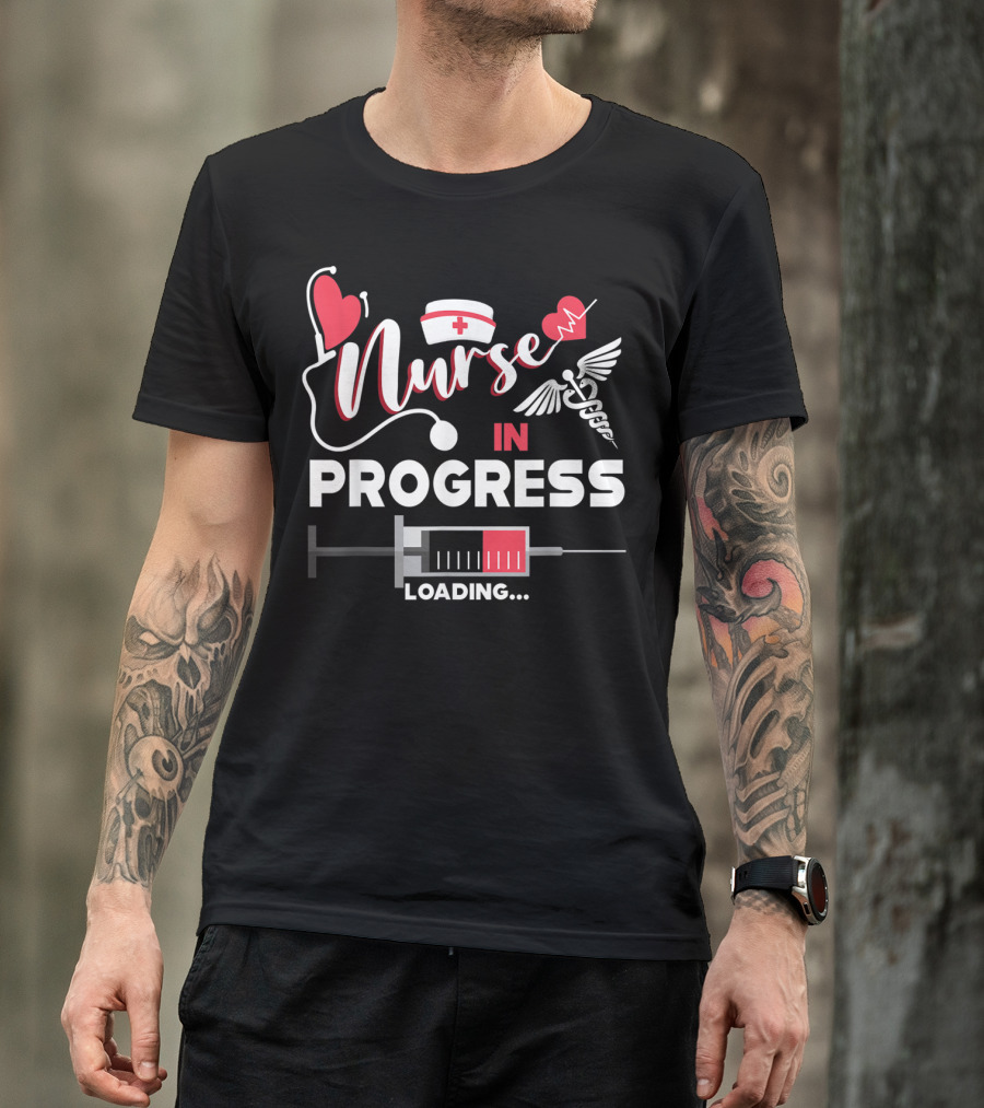 Nurse In Progress Loading Please Wait With Medical Symbols And Heart Motif T-Shirt