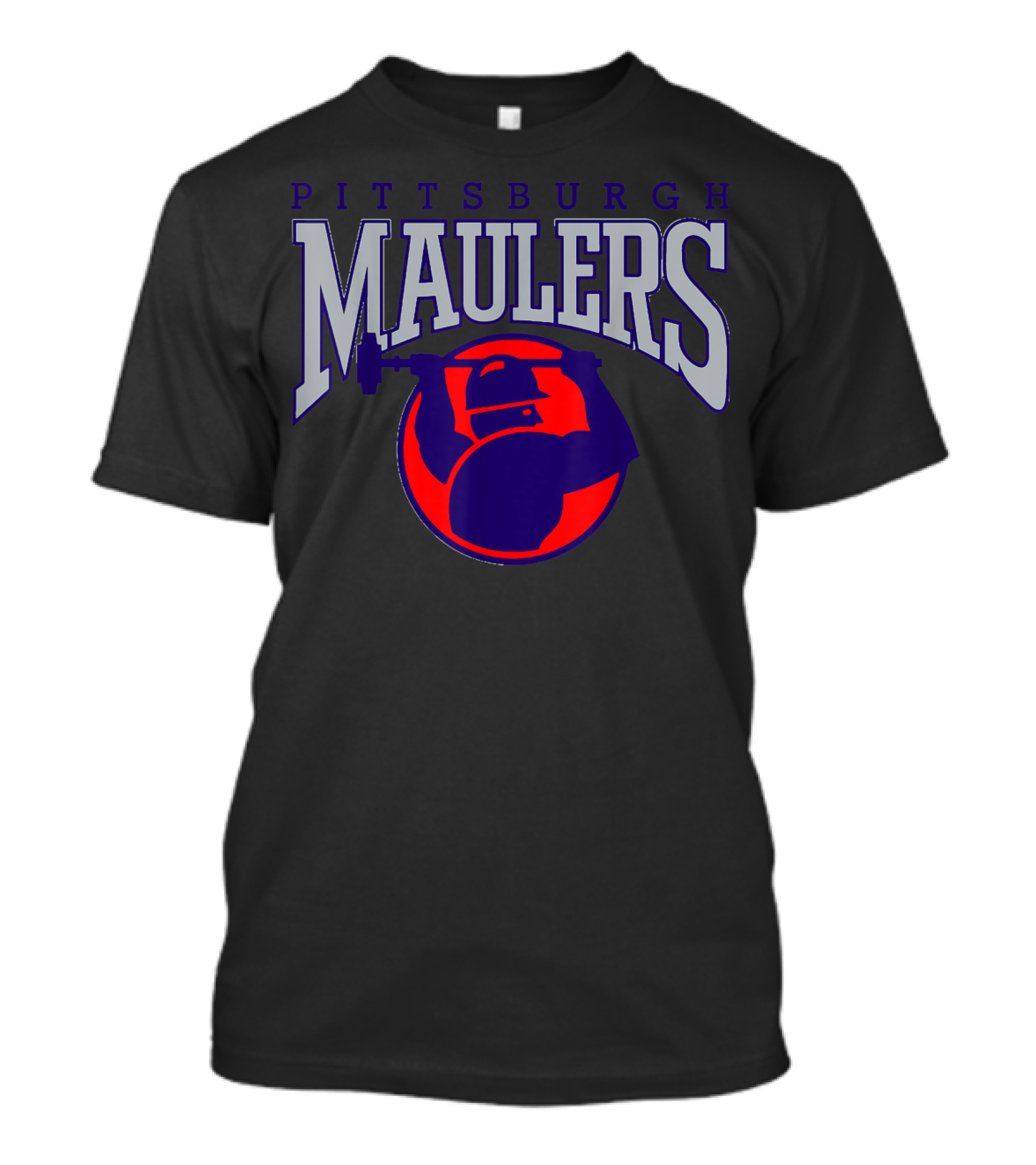 Pittsburgh Maulers Football Team Logo With Hammer Icon In Blue And Red T-Shirt