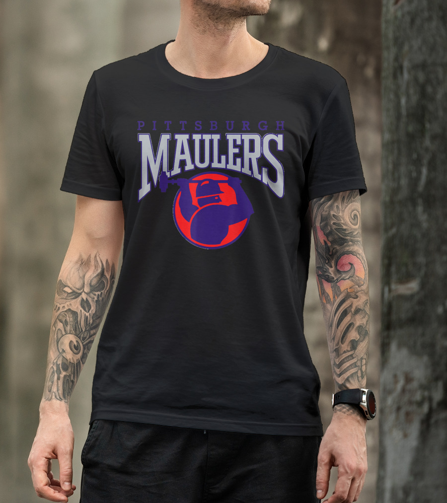 Pittsburgh Maulers Football Team Logo With Hammer Icon In Blue And Red T-Shirt