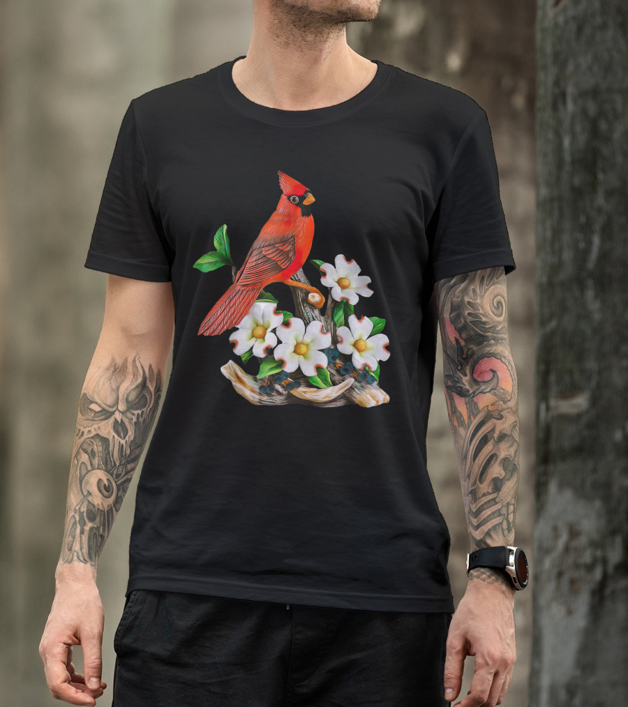 Red Cardinal Birds With White Flowering Blossoms T-Shirt