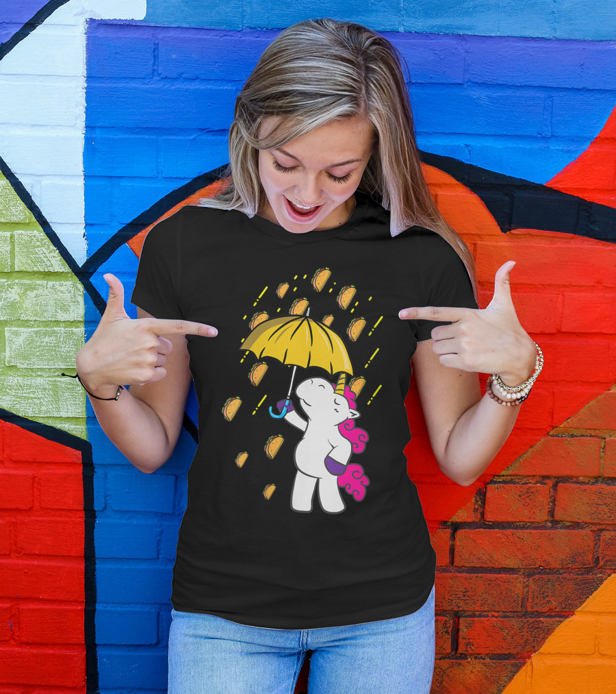 Its Raining Tacos Funny Unicorn Holding Yellow Umbrella T-Shirt