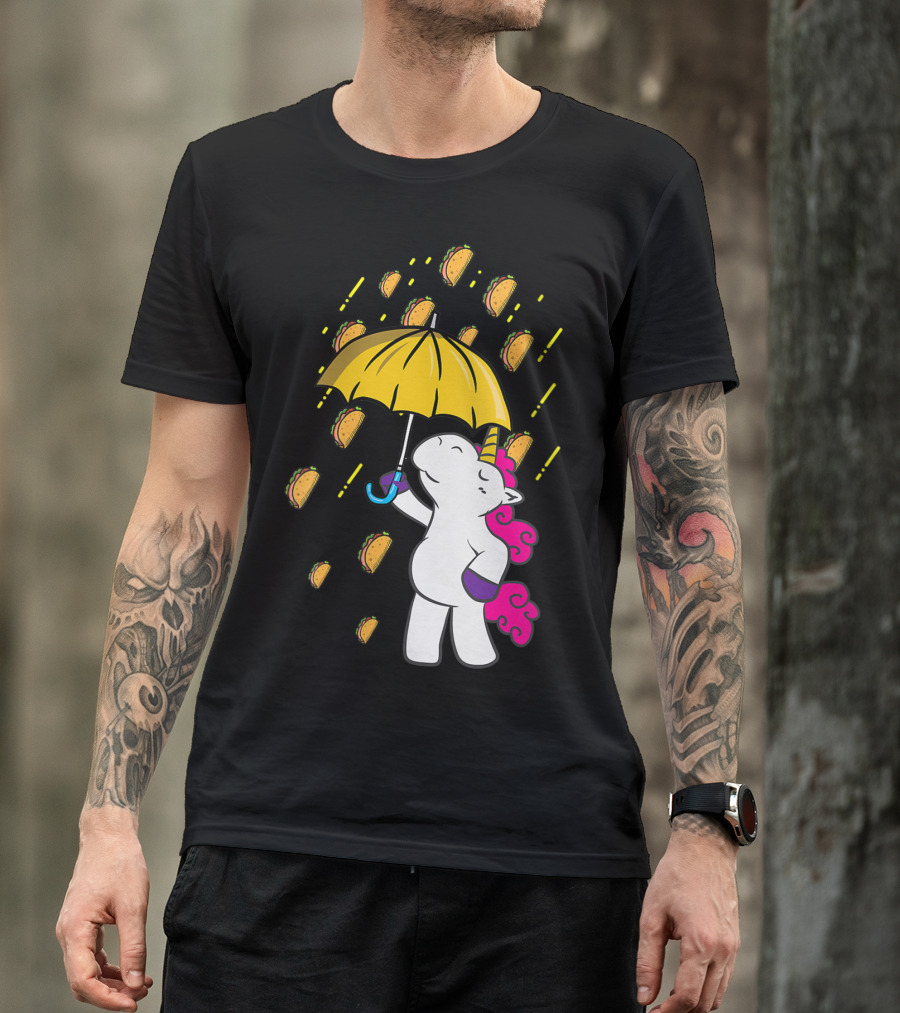 Its Raining Tacos Funny Unicorn Holding Yellow Umbrella T-Shirt