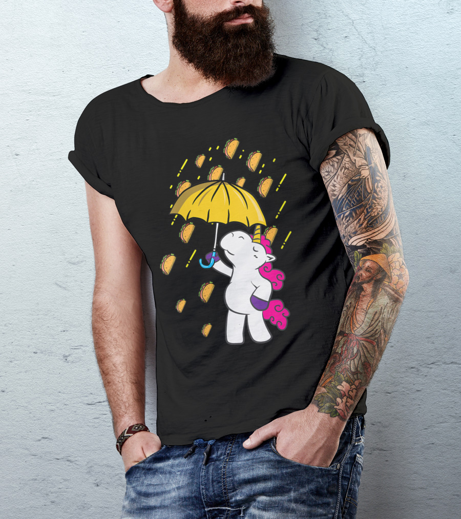 Its Raining Tacos Funny Unicorn Holding Yellow Umbrella T-Shirt