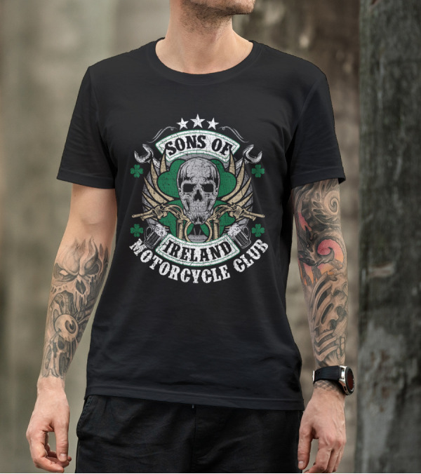 Sons Of Ireland Motorcycle Club Skull Shamrock Wings Biker T-Shirt