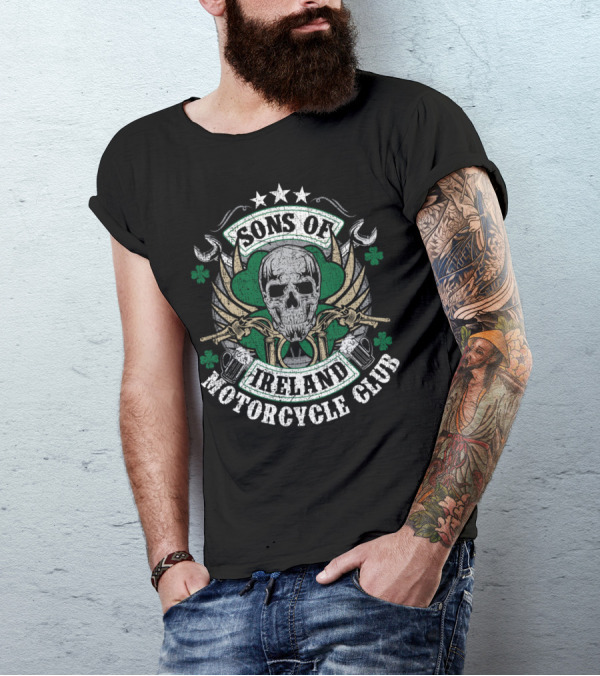Sons Of Ireland Motorcycle Club Skull Shamrock Wings Biker T-Shirt