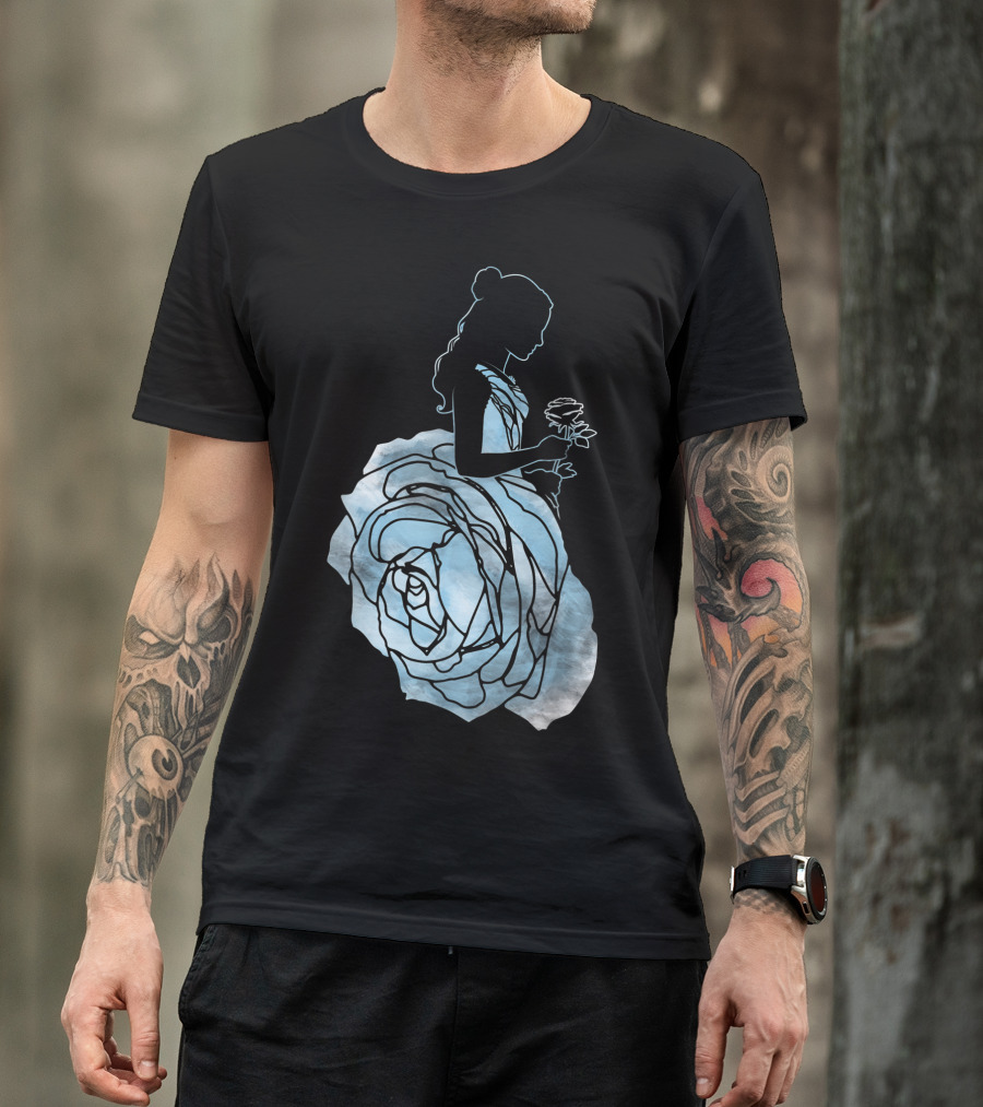 Disney Beauty And The Beast Belle Silhouette Blue Rose Dress T-Shirt