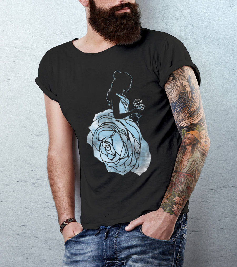 Disney Beauty And The Beast Belle Silhouette Blue Rose Dress T-Shirt