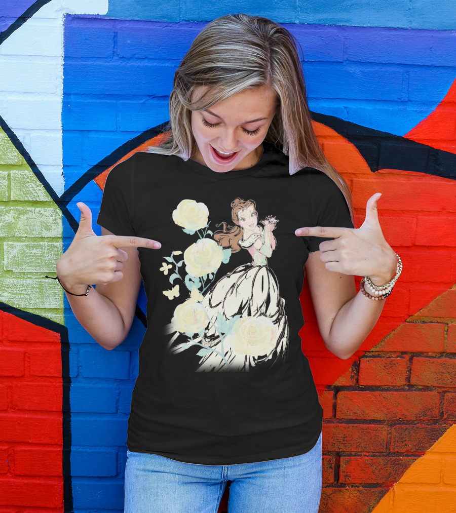 Disney Beauty The Beast Belle Yellow Watercolor Rose Butterfly T-Shirt