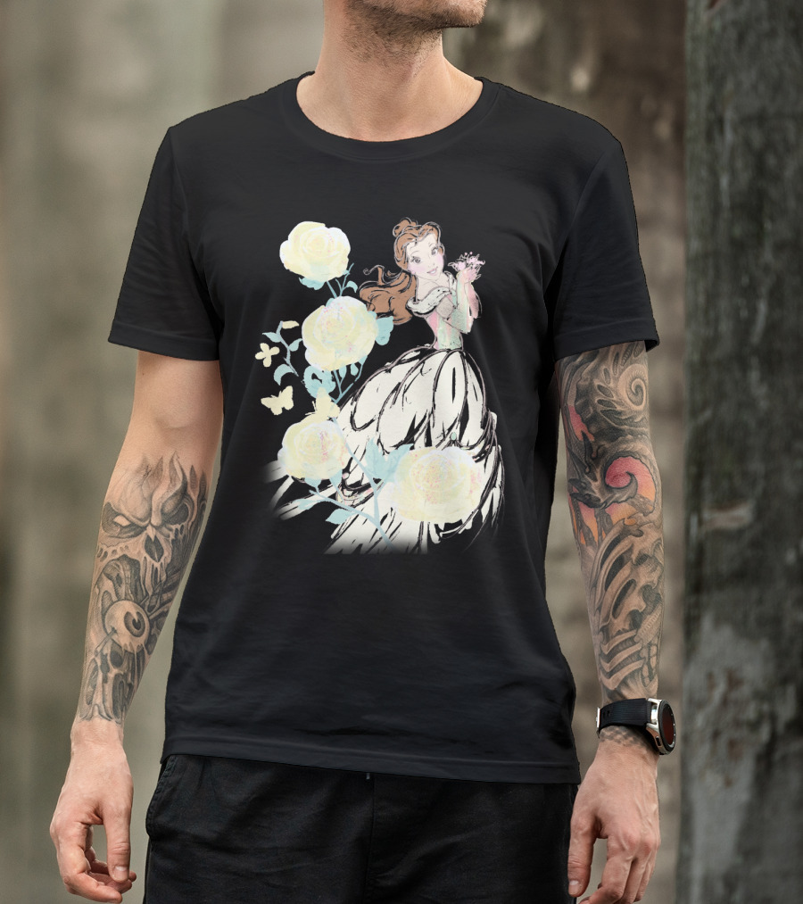 Disney Beauty The Beast Belle Yellow Watercolor Rose Butterfly T-Shirt
