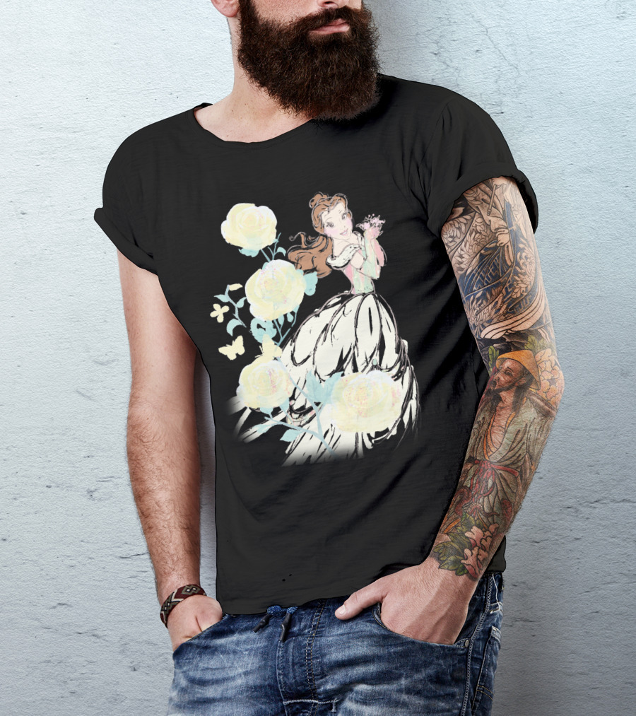 Disney Beauty The Beast Belle Yellow Watercolor Rose Butterfly T-Shirt