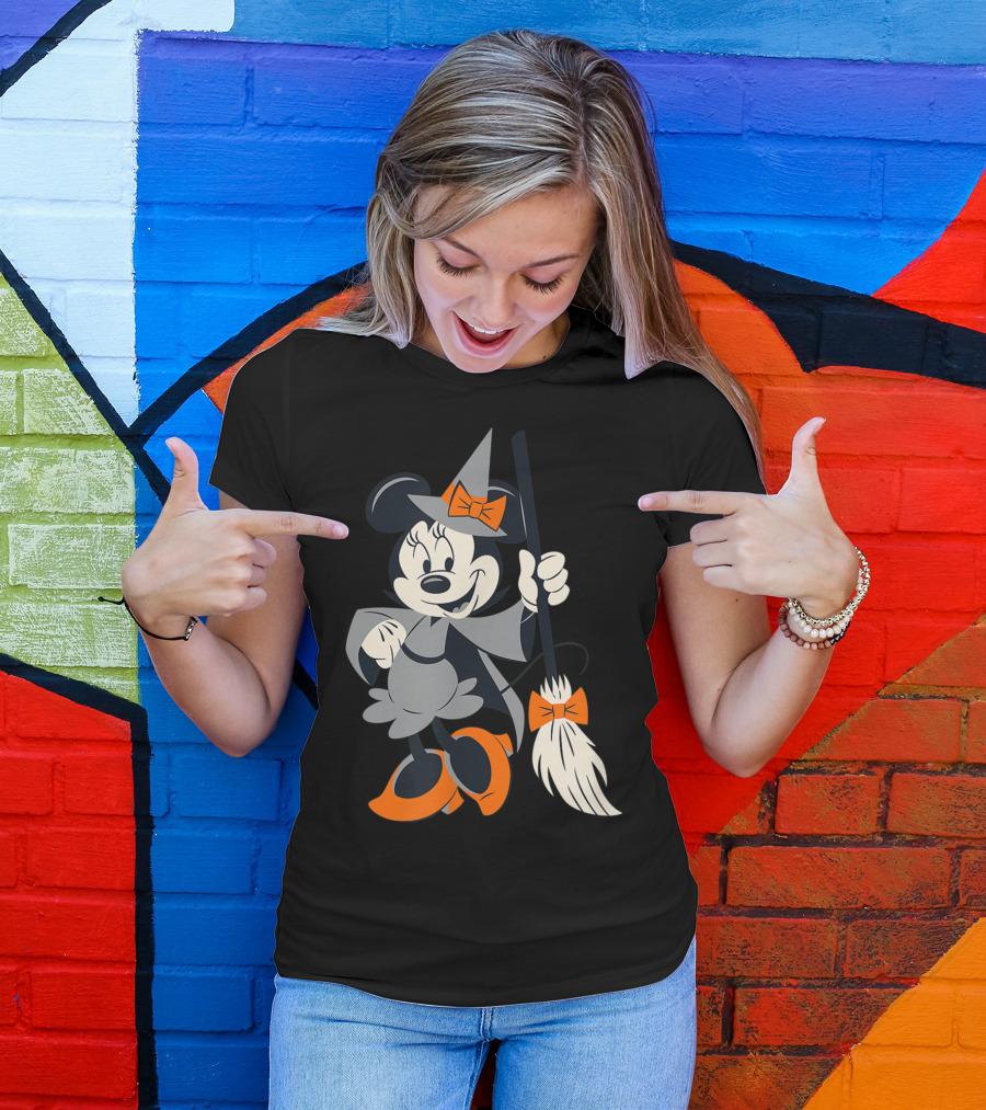 Disney Halloween Minnie Mouse Witch Costume Broomstick Orange Bows T-Shirt