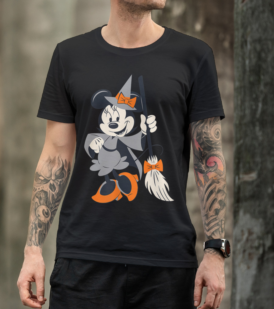 Disney Halloween Minnie Mouse Witch Costume Broomstick Orange Bows T-Shirt