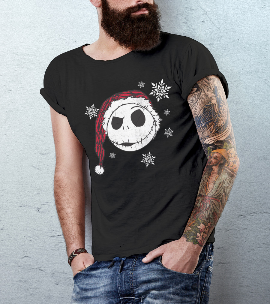 Disney Jack Skellington Santa Hat Snowflakes T-Shirt
