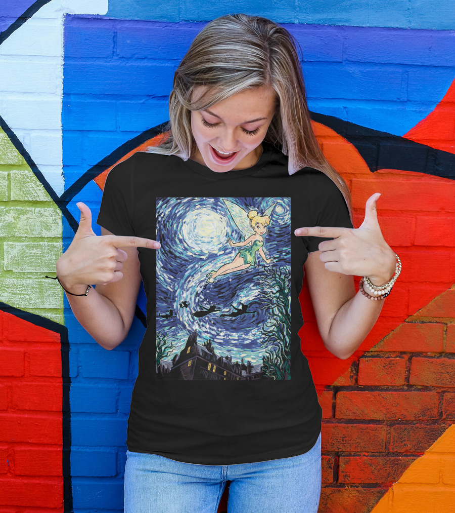 Disney Peter Pan Tinker Bell Starry Night Van Gogh Style Flight Scene T-Shirt