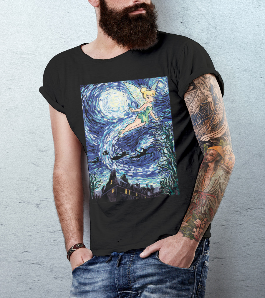Disney Peter Pan Tinker Bell Starry Night Van Gogh Style Flight Scene T-Shirt
