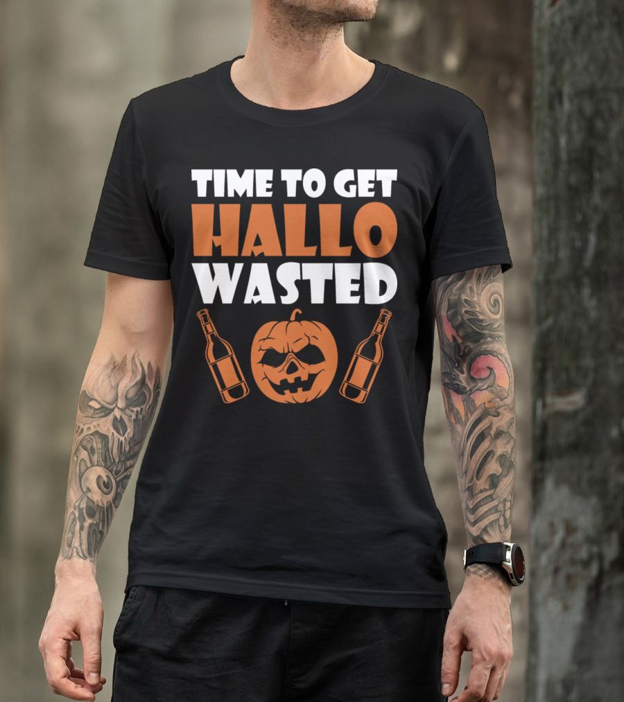 Time To Get Hallo Wasted Halloween Pumpkin Beer Bottles T-Shirt