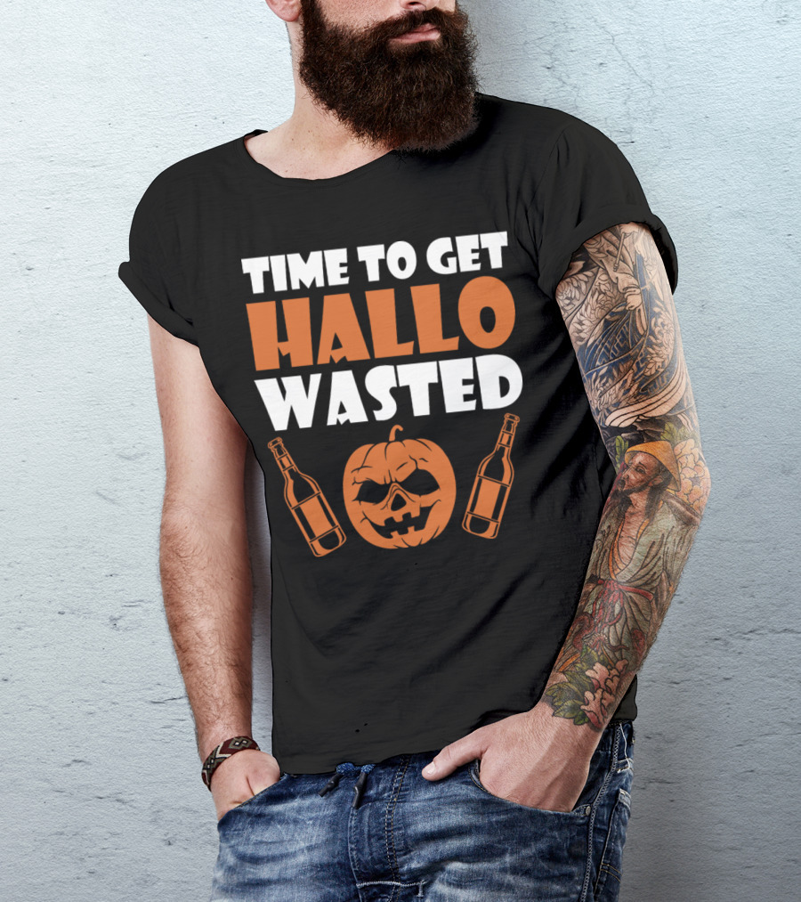 Time To Get Hallo Wasted Halloween Pumpkin Beer Bottles T-Shirt