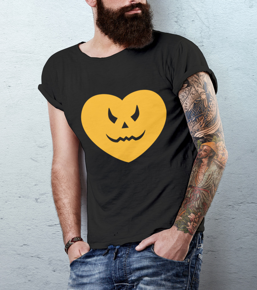 Pumpkin Heart Halloween Yellow Heart Scare Jack-O'-Lantern Face T-Shirt