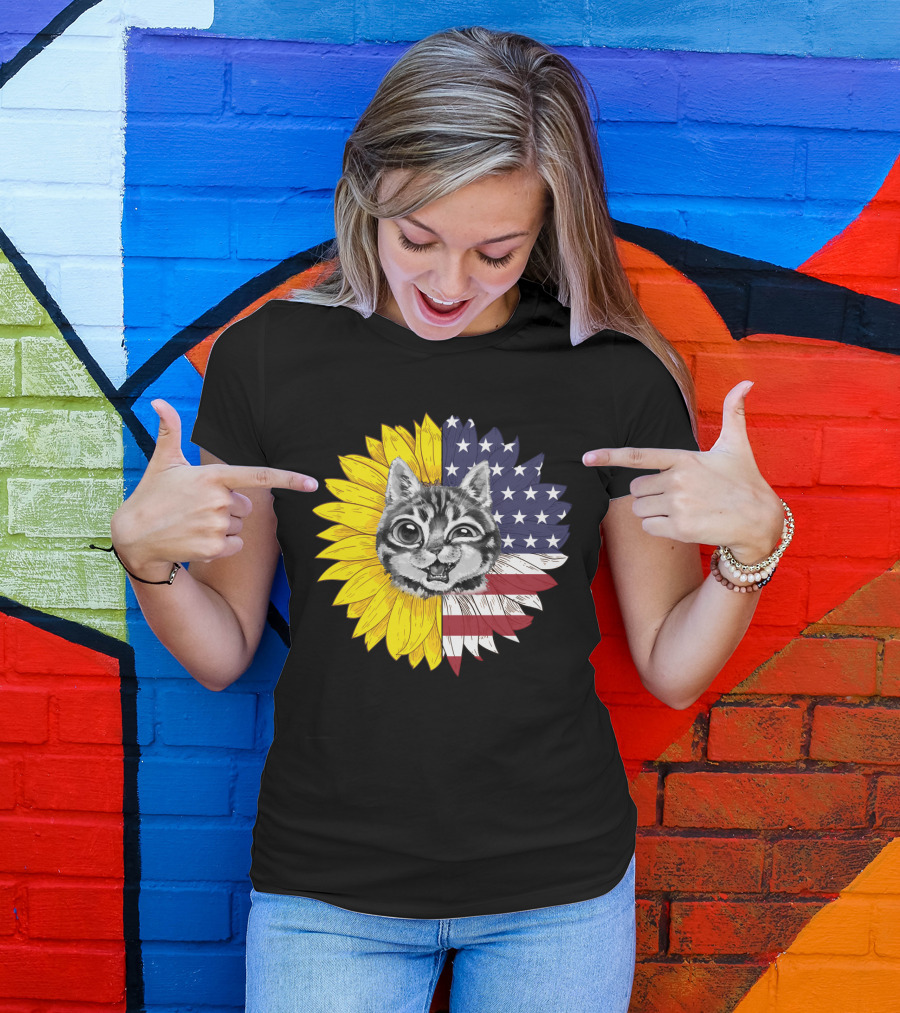 CAT LOVERS Sunflower American Flag Winking Cat T-Shirt