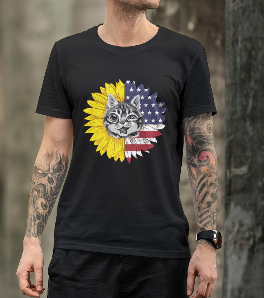 CAT LOVERS Sunflower American Flag Winking Cat T-Shirt