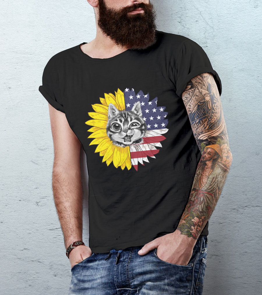 CAT LOVERS Sunflower American Flag Winking Cat T-Shirt